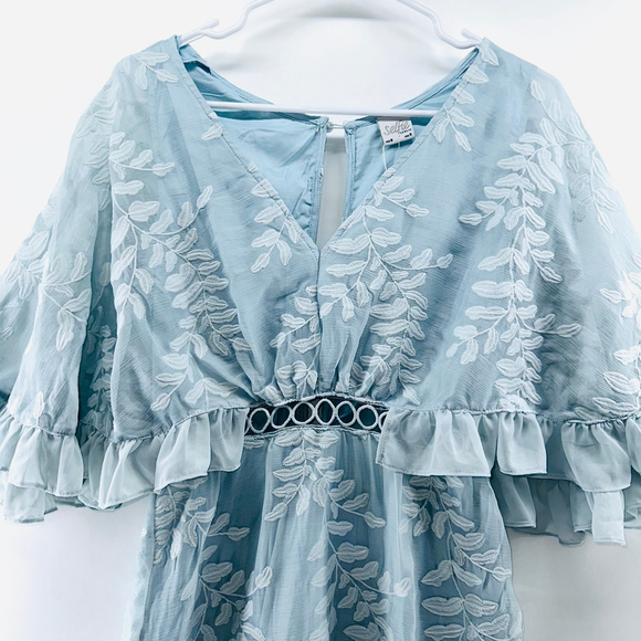 NWT SELFIE LESLIE Caspar Leafy Romantic EMBROIDERED DRESS Mod BABY BLUE WOMENS S - Picture 3 of 11